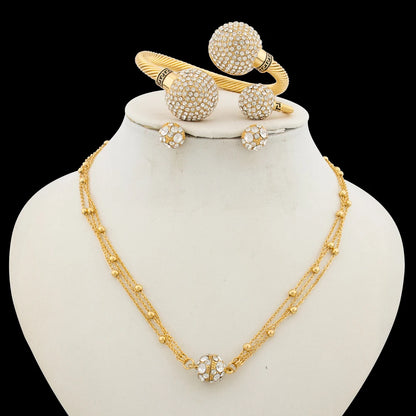 Trend Zircon Crystal Jewelry Set for Party Layers Necklace and Stud Earrings Weddings Bridal Cuff Bangle Ring Set for Party Gift