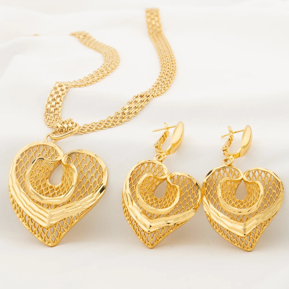 YM Gold Color Jewelry Set for Women African Flower Shape Dubai Copper Earrings Necklace Round Hollow Pendant Jewelry Accessories