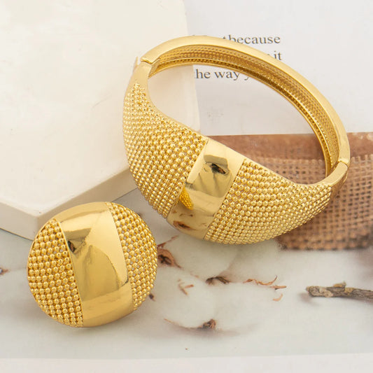 Luxury Bangle with Ring Jewelry Set for Party African Bridal 18k Gold Color Hand Bracelet Cocktail Ring for Nigerian Weddings