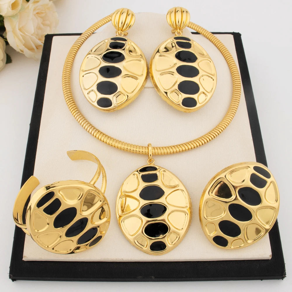 18K Gold-Plated Luxury Jewelry Set for Women – Unique Earrings, Necklace, Bangle & Ring, Dubai-America Style Party Wear, Elegan