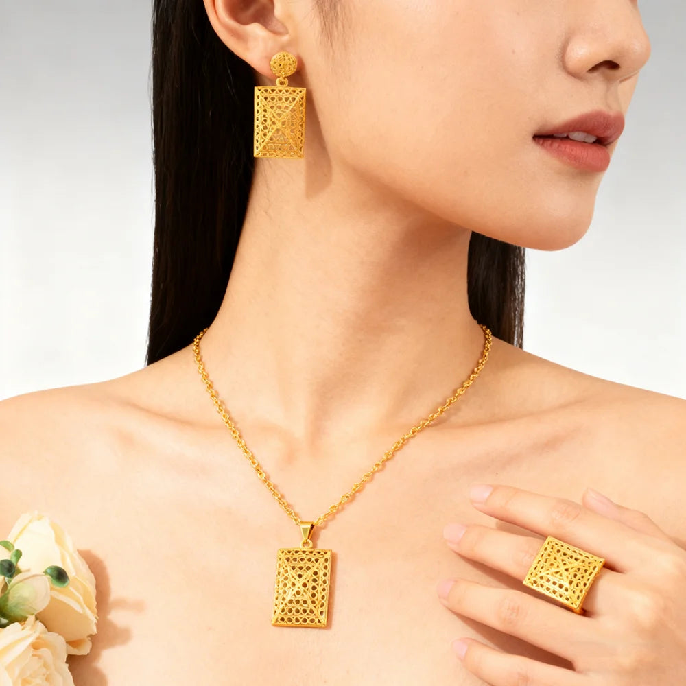YM Gold Color Rectangle Shape Women Jewelry Set Mid East Noble Earrings Ring Necklace Jewelry Wholesale Gift for Party Wedding