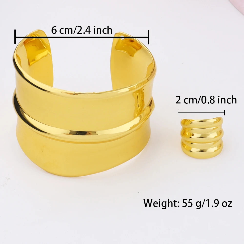 Dubai New Luxury Plated Gold Jewelry Set Stainless Steel Adjus Cuff Arm Bangle Charm Ring for Women Unique Wedding Jewelry Gift