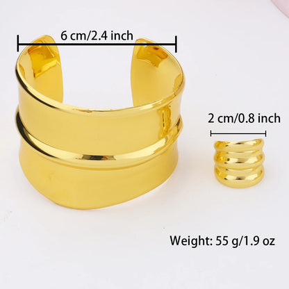 Dubai New Luxury Plated Gold Jewelry Set Stainless Steel Adjus Cuff Arm Bangle Charm Ring for Women Unique Wedding Jewelry Gift