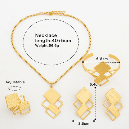 4PCS Gold Plated Jewelry Set Women Square Earrings Pendant Copper Necklace Geometry Cuff Bangles Ring Bridal Wedding Party Gifts