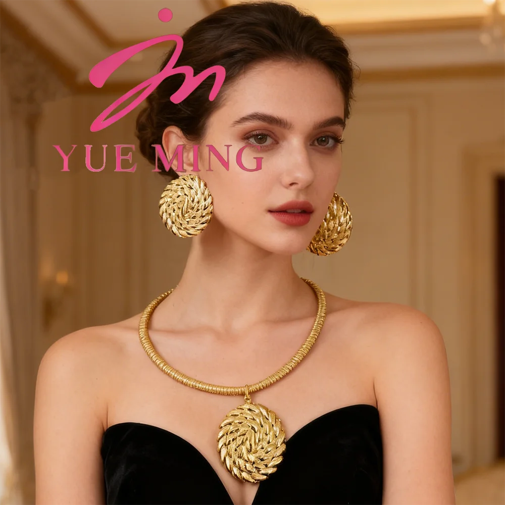 gold jewelry sets for woman ecklace Earrings Gold Plated Round Collar Nigeria Wedding Festival Gift Classic Style Bangles Ring