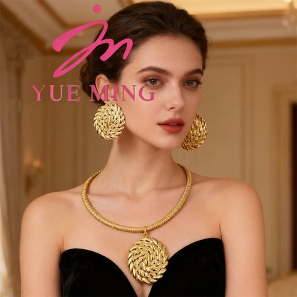 gold jewelry sets for woman ecklace Earrings Gold Plated Round Collar Nigeria Wedding Festival Gift Classic Style Bangles Ring