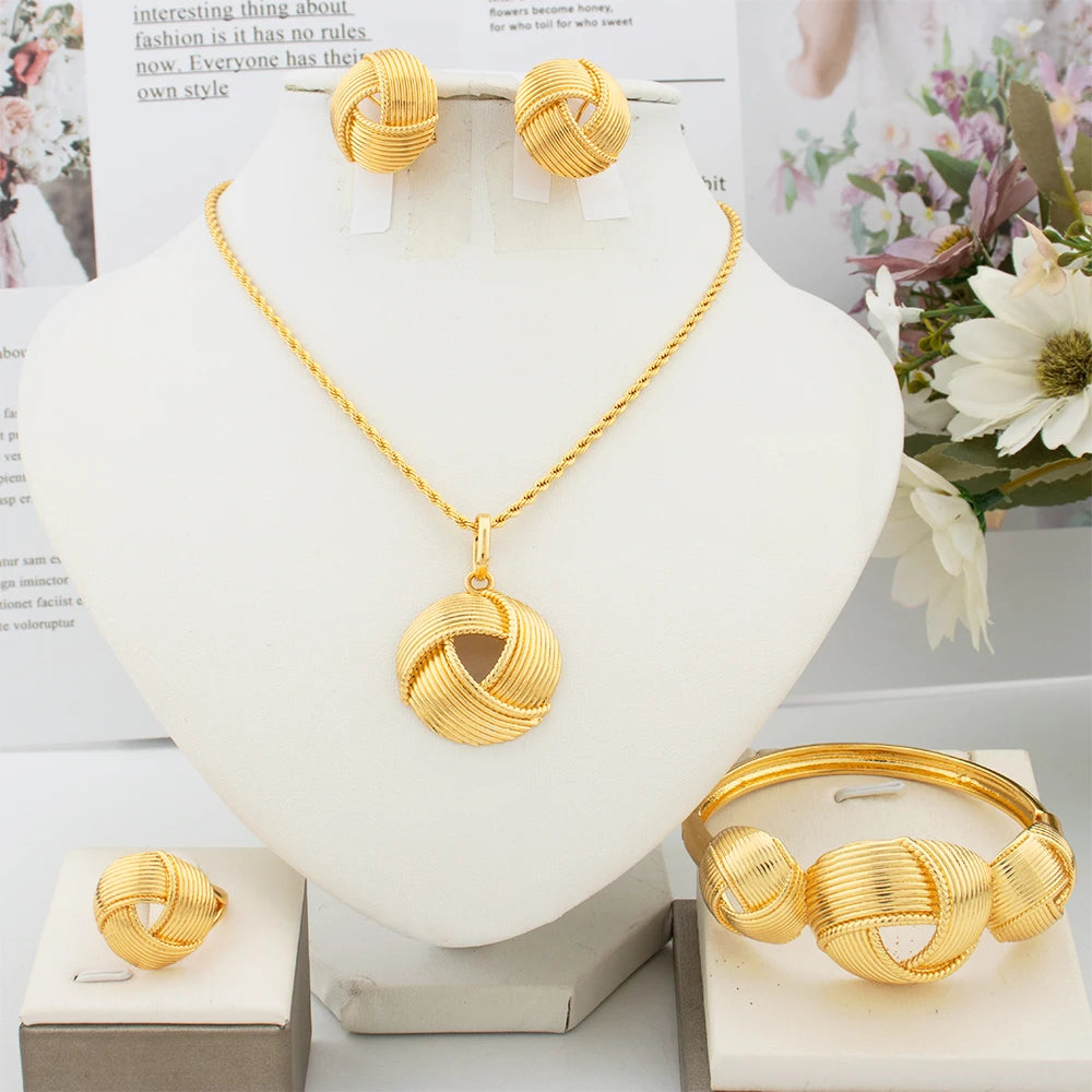 Dubai  Twisted Geometric Necklace Earring Set Indian Copper Jewelry Set Women's Three Piece Jewelry Set