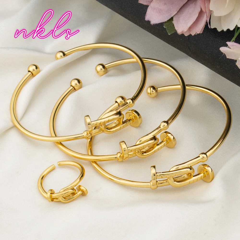 Trendy Stainless Steel Bangle with Ring Set for Ladies Women's Bracelet Pattern Design Light Luxury Gold Color Metal Bangle