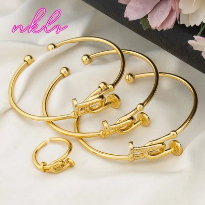 Trendy Stainless Steel Bangle with Ring Set for Ladies Women's Bracelet Pattern Design Light Luxury Gold Color Metal Bangle