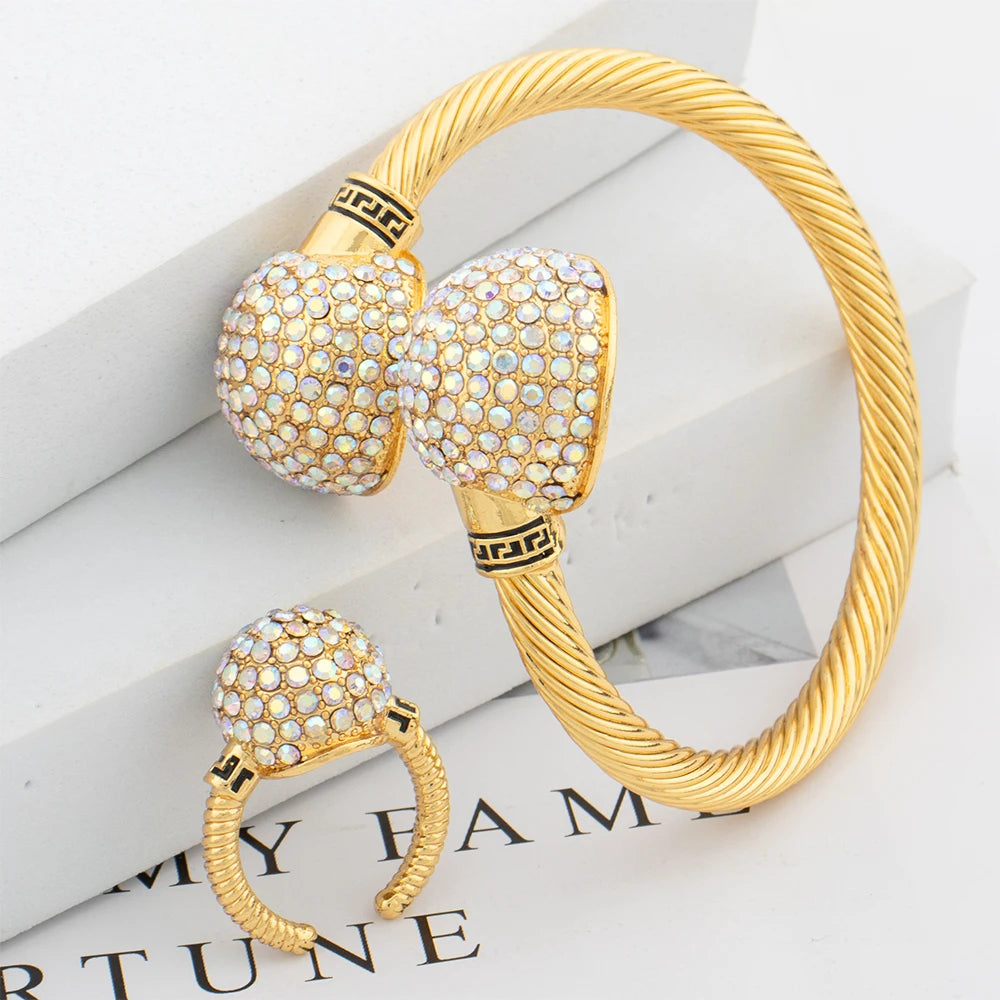 Fashion Colorful Zircon Cuff Bangle Ring Set for Women Dubai Gold Plated Jewelry Set African Wedding Bride Bangle with Ring Gift