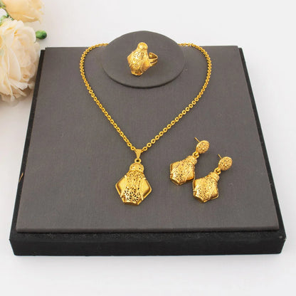 Mid East Luxury Gold Plated Necklace Ring Earrings Set for Women Gold Color Elegant Jewelry Gift for Nigeria Bride Wedding Party