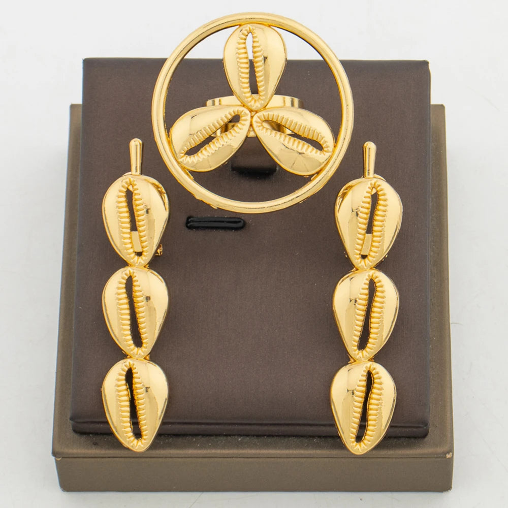 Trend Gold Color Earrings with Ring Set for Party Geometry Design Earrings Cocktail Ring 2Pcs Set for Engagement Party Jewelry