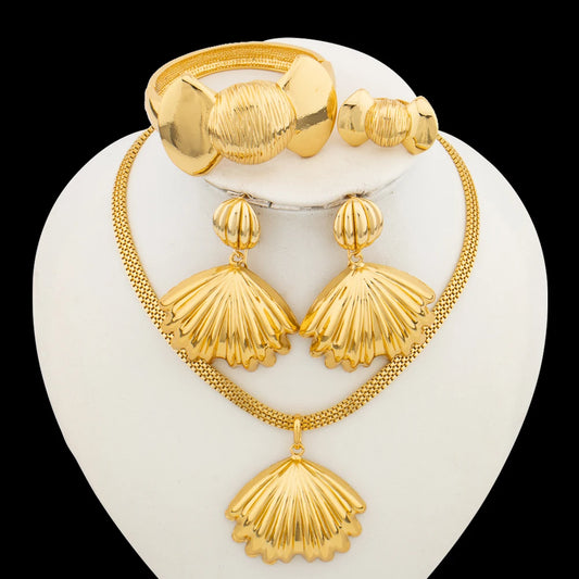 Fashion Women Gold Color Jewelry Set for Engagement Dangle Earrings and Pendant Necklace African Bangle Ring Set Jewelry Gifts
