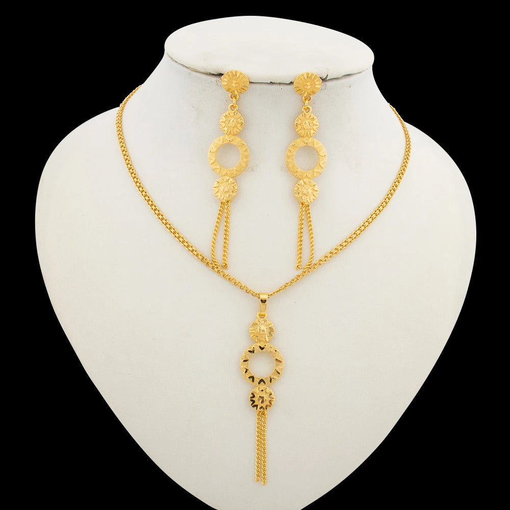 Dubai Earrings and Necklace Jewelry Set for African 18k Gold Color Drop Earrings with Pendant Necklace Jewelry Accessories Gifts
