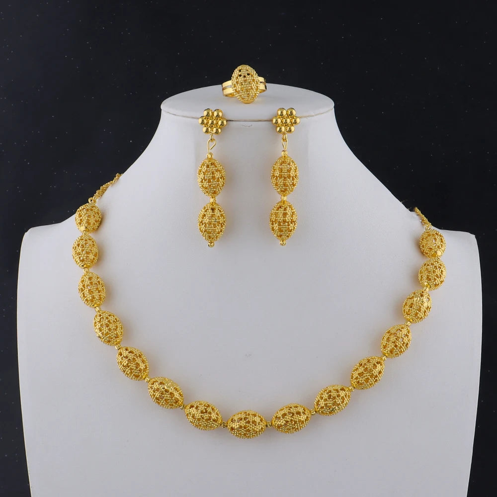 High Quality Luxury plated necklace set Women's Fashion Rugby Beads Chain party earrings ring cuban chain necklace Jewelry Girls