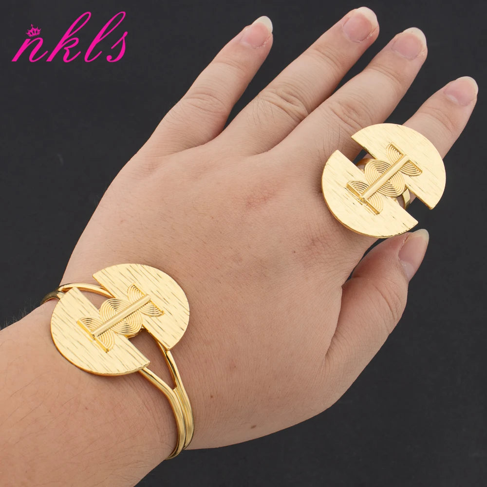 Plated Italian Cuff Bangle & Ring Jewelry Set for Women—Luxury Dubai African Wedding Christmas Gift