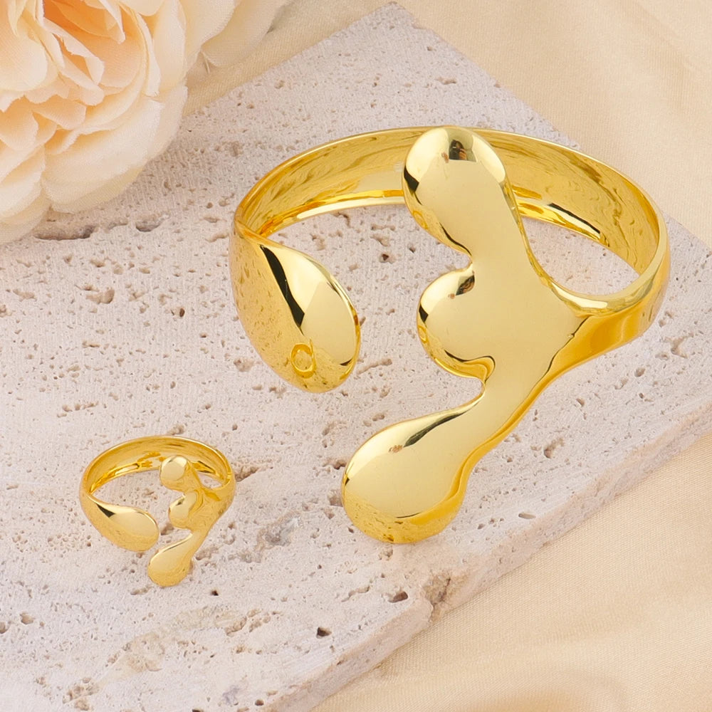 Saudi-African Gold-Tone Irregular Cuff Bangle Ring Jewelry Set for Bride, Dubai Nigerian Wedding jewellery woman accessory