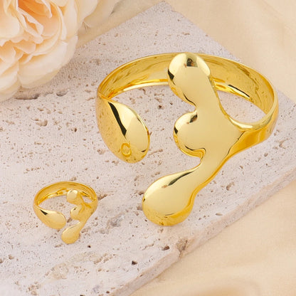 Saudi-African Gold-Tone Irregular Cuff Bangle Ring Jewelry Set for Bride, Dubai Nigerian Wedding jewellery woman accessory