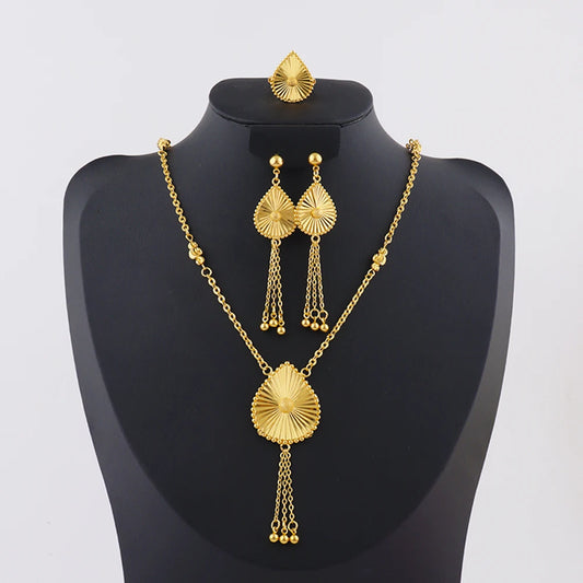 Trendy Gold Color Water Droplet Shape Earrings Necklace Ring Set Gold Plated Arabic Tassel Women Wedding Party Ramadan Jewelry