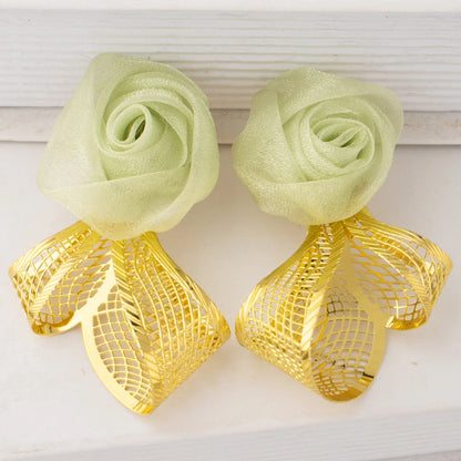 Woman Luxuury Earrings Ring Set Green Rose Shape Jewelry Set Trend Earrings Plated Ring Apply to Party Wedding Banquet