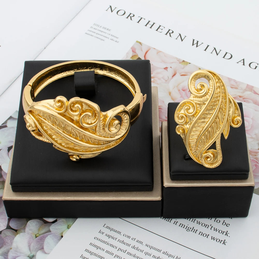 Dubai 18K Gold Color Bangle Ring for Luxury Women Fashion African Bracelet for Wedding Party Gift Jewelry