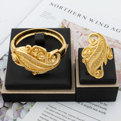 Dubai 18K Gold Color Bangle Ring for Luxury Women Fashion African Bracelet for Wedding Party Gift Jewelry