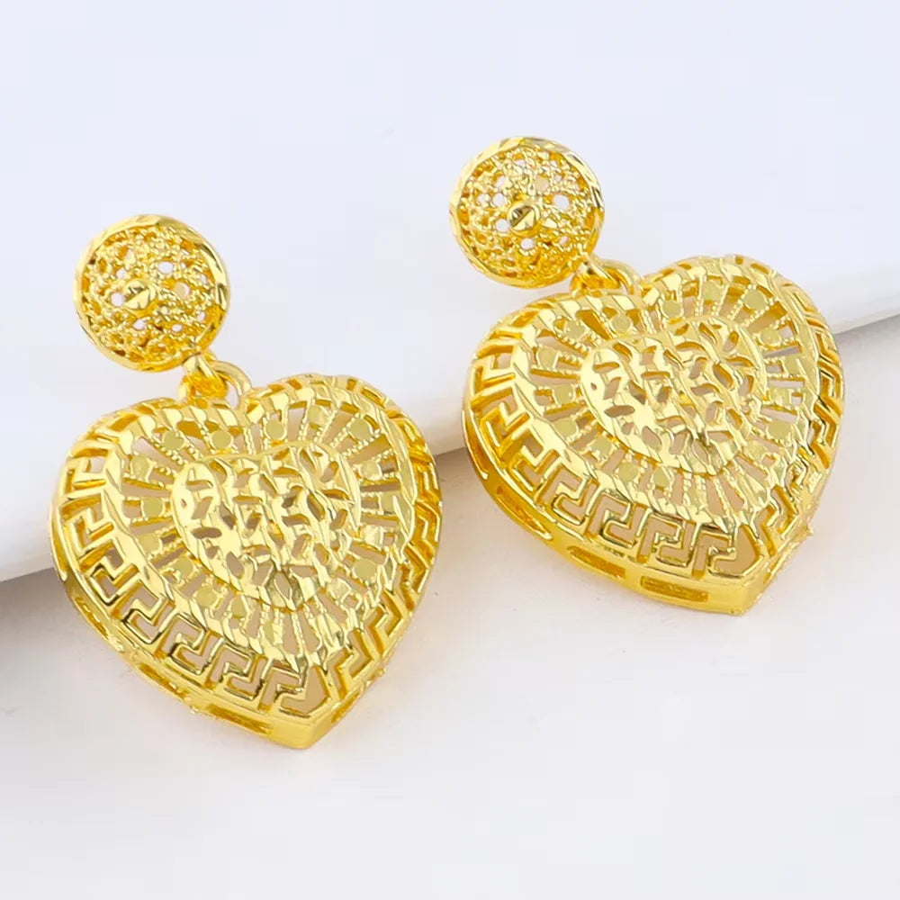 Dubai Heart Shape Necklace Earrings 24K Gold Plated Jewelry Set Women African Indian Nigerian Bride Wedding Party Gift Jewelry