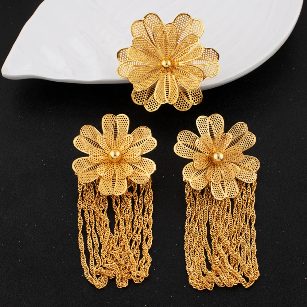 Stainless Steel Gold Color Flower Tassel Rings Earrings For Women Trendy Aesthetic High Quality Jewerly Wedding Party Gift