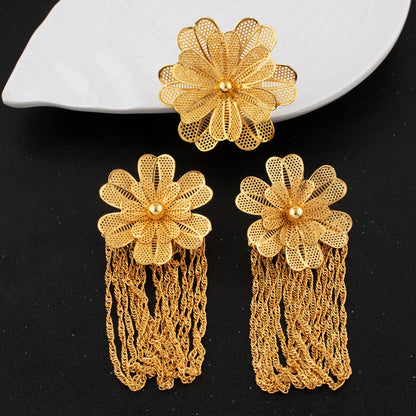 Stainless Steel Gold Color Flower Tassel Rings Earrings For Women Trendy Aesthetic High Quality Jewerly Wedding Party Gift
