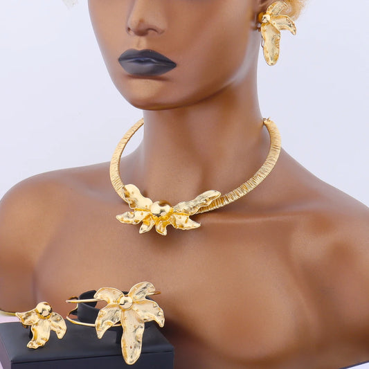 African Gold Plated Fallen Flowers Design Necklace Earrings Bracelet Ring Jewelry Set for Women Classic Gold Color Party Gift