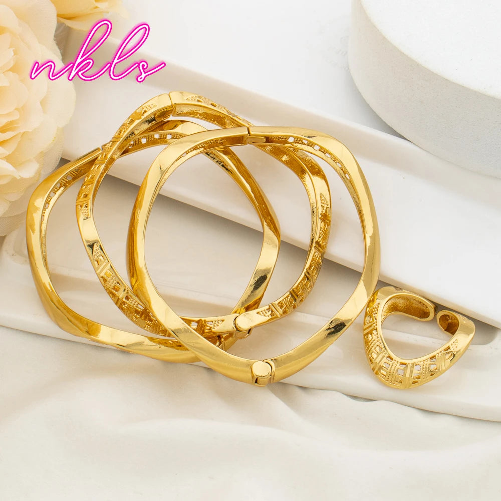 18K Gold Plated Brass Luxury Cuff Bangle & Ring Set, Saudi Vintage Wedding Jewelry for Women, Elegant Jewelry Women Set