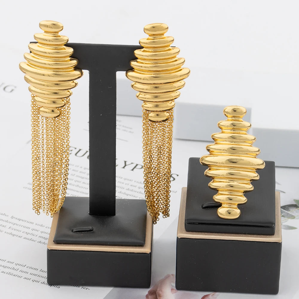 YM 18k Gold Plated Jewelry for Nightclub Queen Fashion Luxury Bridal Wedding Jewellery Accessory Long Tassel Earrings Rings Set