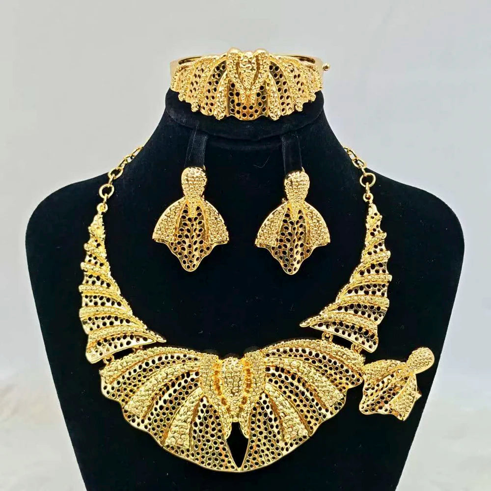 Dubai Mermaid Tail 4Pcs Jewelry Set, Hollow Earrings & Necklace Bangle Ring for Women, Luxury Africa Wedding Party Gift