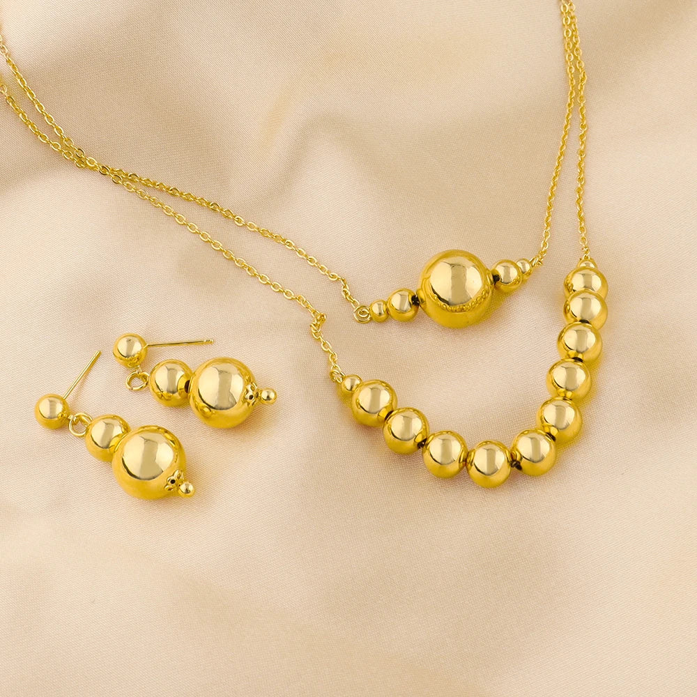 Plated Italy-French Round Bead Necklace & Earrings Jewelry Set for Women, Smooth  Color Gift for Party Wedding
