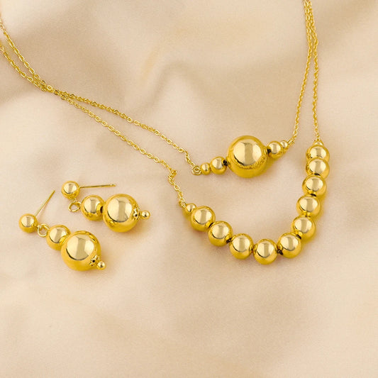 Plated Italy-French Round Bead Necklace & Earrings Jewelry Set for Women, Smooth  Color Gift for Party Wedding