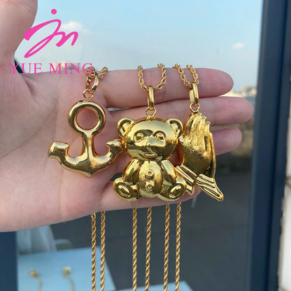 3PCS YM Gold Plated Necklace 80cm Chain Fashion Bear Pendant Copper Jewelry For Men and Women Daily Wear Jewelry Set Gift - YUEMING JEWELRY