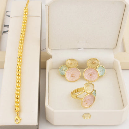 Dopamine Color Jewelry Set For WomenTrendy Earrings Ring Gold Color Bangle Set Advanced Jewelry For Party Wedding Anniversary