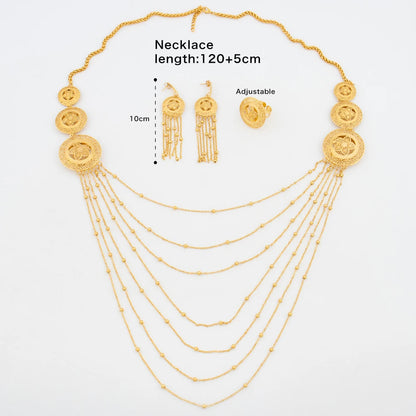 18K Gold Plated Long Bead Chain Jewelry Set for Women Bride Dubai African Tassel Earrings Necklace Ring Flower Design Jewelry