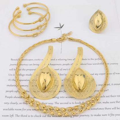 24K Gold-Plated Hollow Earrings Necklace Ring Bangle Jewelry Sets for Women, Unique Party Valentine Gift, Chic Jewellery Woman