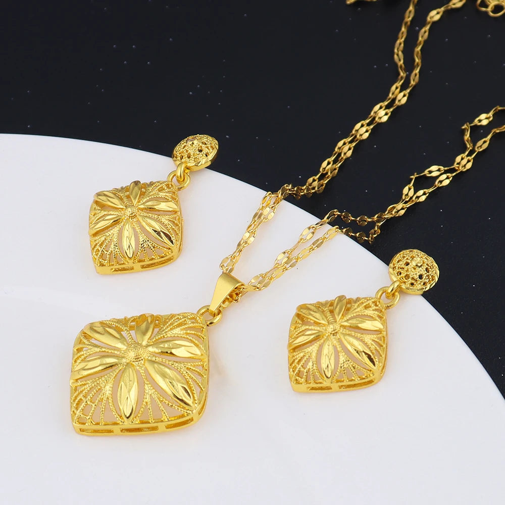 24K Gold Color Jewelry Fashion Necklace Earrings Set High Quality Luxury Jewelry Dubai India Africa Gift Accessories