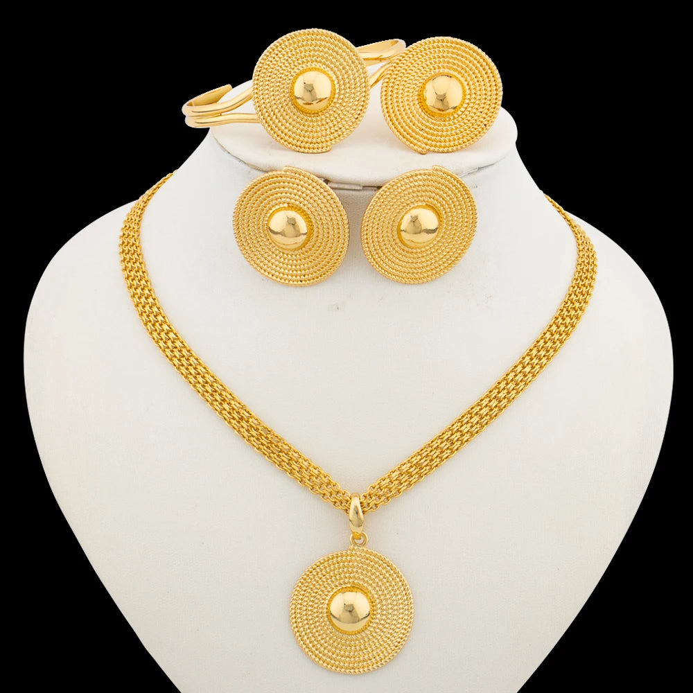Gold Color Necklace Earring Ring Bangle Jewelry Set for Women, Bridal Engagement Party Gift, Elegant Jewellery Woman Accessories