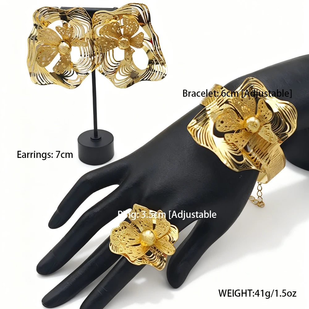 gold color jewelry set weddings bangle ring Earrings Stainless steel 18k gold plated jewelry set Free shipping for festival gift