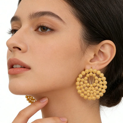 women italian luxurious earrings ring jewelry set bridal party jewelry set Elegant Gold-Tone Hollow Hoop Earrings Ring Set gift
