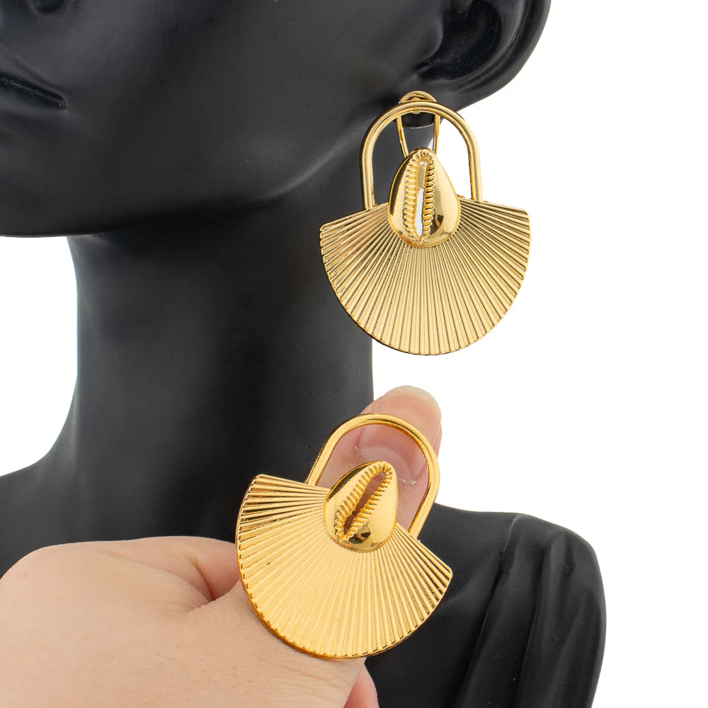 Advanced Metal Textured Leaf Pendant Big Earrings Ring Gold Color Geometry Drop Jewellry Women's Exaggerated Fashion Jewelry