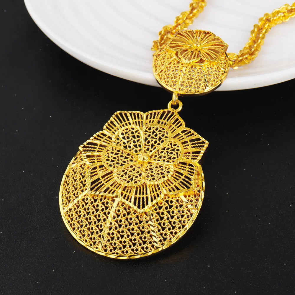Delicate gold-tone floral necklace & drop earrings set, Indian-inspired filigree, lightweight alloy, Dubai chic for party evenin