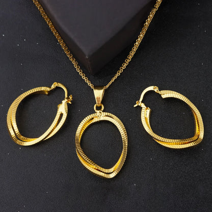 24K Gold-plated Two Piece Copper Jewelry Set Waterproof Earrings Warped Geometry Necklace Apply to America India Party Wedding