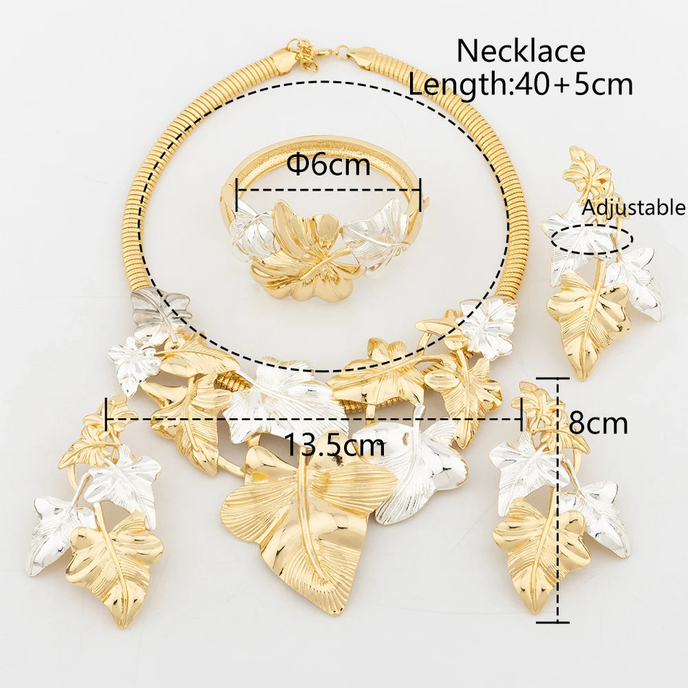 gold plated jewelry sets Leaf Shape Bangle Ring necklace and earrings set Two-tone Original Jewellery Anniversary Gifts