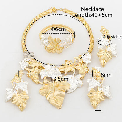 gold plated jewelry sets Leaf Shape Bangle Ring necklace and earrings set Two-tone Original Jewellery Anniversary Gifts