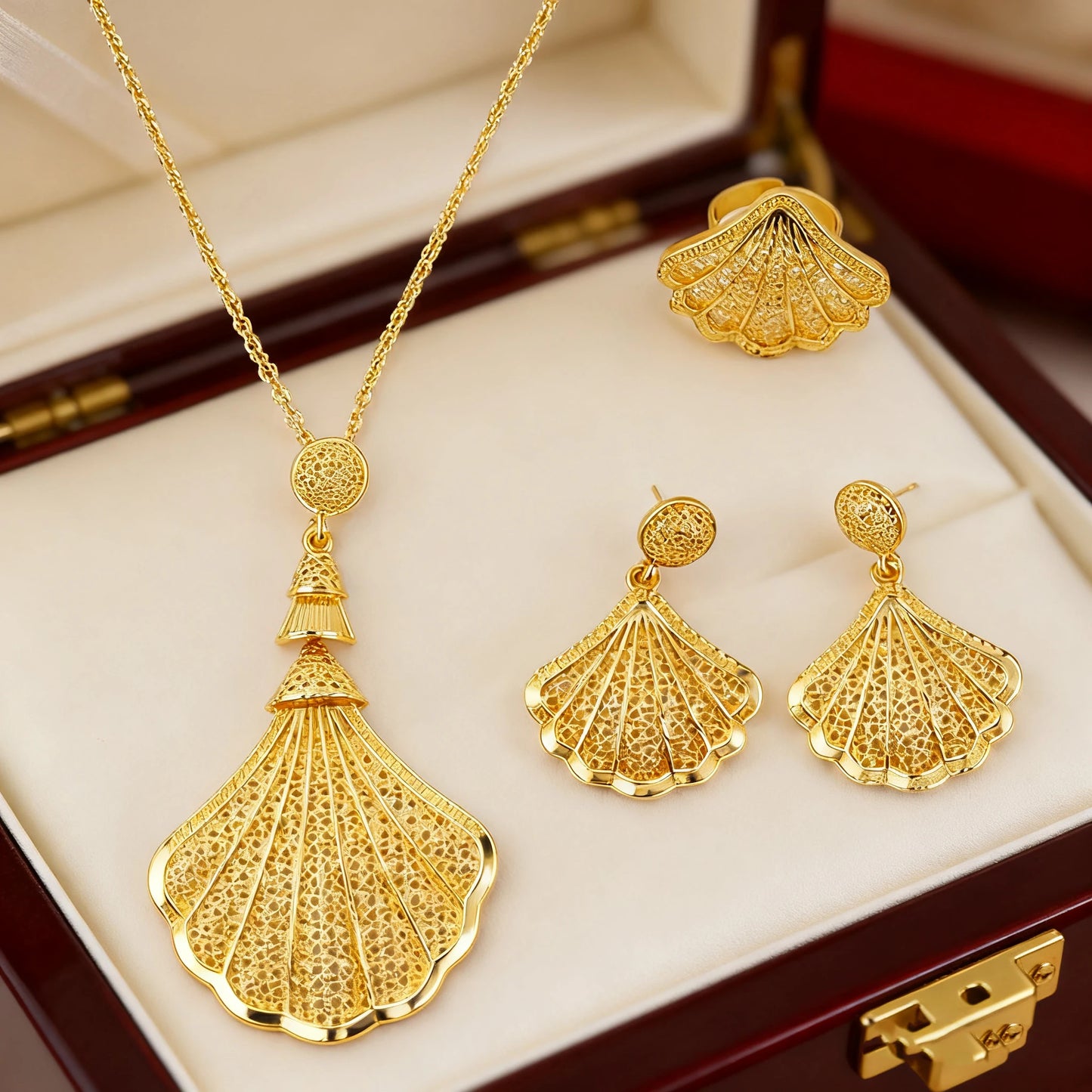 Dubai sea-shell gold-tone necklace, earrings & ring set for women, elegant bridal gift, Nigeria wedding party jewelry, boxed