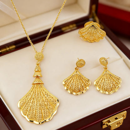 Dubai sea-shell gold-tone necklace, earrings & ring set for women, elegant bridal gift, Nigeria wedding party jewelry, boxed